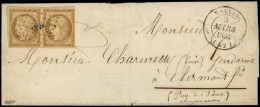 Let EMISSION DE 1849 - 1    10c. Bistre-jaune, Nuance Foncée, PAIRE Obl. PC 3224 S. LAC, Càd T14 TAUVES 3/3/53, TB. C - 1849-1876: Période Classique
