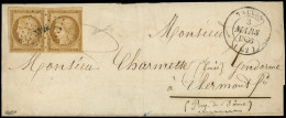 Let EMISSION DE 1849 - 1    10c. Bistre-jaune, Nuance Foncée, PAIRE Obl. PC 3224 S. LAC, Càd T14 TAUVES 3/3/53, TB. C - 1849-1876: Klassieke Periode