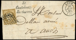 Let EMISSION DE 1849 - 1b   10c. Bistre-VERDATRE, Obl. GRILLE S. LAC, Càd T15 AUCH 20/6/51 Et Cursive 31/CASTELNAU/BARBA - 1849-1876: Periodo Clásico