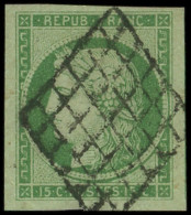 EMISSION DE 1849 - 2    15c. Vert, Grandes Marges (filet De Voisin à Droite), Obl. GRILLE, Superbe, Certif. Calves - 1849-1850 Ceres