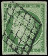 EMISSION DE 1849 - 2    15c. Vert, Obl. GRILLE, Belles Marges, TTB/Superbe, Certif. JF Brun - 1849-1850 Cérès