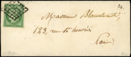 Let EMISSION DE 1849 - 2    15c. Vert, Obl. GRILLE S. LAC De Paris Pour Paris 4/9/51, TB - 1849-1876: Période Classique