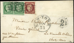 Let EMISSION DE 1849 - 2b Et 6, 15c. Vert FONCE, En PAIRE Avec 3 Voisins, 1f. Carmin, Tous Obl. GRILLE SANS FIN S. LSC,  - 1849-1876: Periodo Clásico