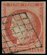 EMISSION DE 1849 - 7     1f. Vermillon, Filet De Gauche Coupé Sur 1 Cm, Obl. GRILLE, Frappe Légère, B/TB - 1849-1850 Ceres