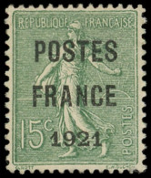 (*) PREOBLITERES - 34  15c. Vert-olive, POSTES FRANCE 1921, TB. C - 1893-1947