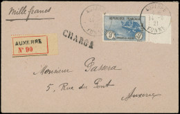 Let LETTRES DU XXe SIECLE - N°155 5f. + 5f. Noir Et Bleu, Bdf, Inf. Pli D'archive, Obl. AUXERRE 14/9/21 S. Env. CHARGE L - Briefe U. Dokumente