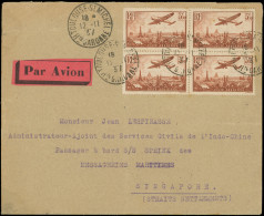 Let LETTRES DU XXe SIECLE - PA 13 3f50 Brun-jaune, BLOC De 4 Obl. TOULOUSE 12/11/37 S. Env. Par Avion Pour SINGAPORE, TB - 1927-1959 Lettres & Documents