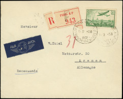 Let LETTRES DU XXe SIECLE - PA 14  50f. Vert, Obl. PARIS 7/12/37 S. Env. Rec. Par Avion, Arr. BREMEN, TB - 1927-1959 Briefe & Dokumente