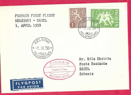 FINLAND - FIRST FLIGHT FINNAIR FROM HELSINKI TO BASEL *1.IV.58* ON OFFICIAL COVER - Cartas & Documentos