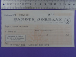 Chèque BANQUE JORDAAN (PARIS) Emblème De Paris - Cheques En Traveller's Cheques