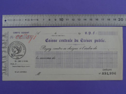 Chèque CAISSE CENTRALE DU TRESOR PUBLIC (PARIS) Timbre Fiscal Chèques-virements De 10c Empreinte à Sec Contrôle - Cheques En Traveller's Cheques