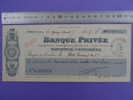 Chèque BANQUE PRIVEE Industrielle, Commerciale, Coloniale - Marseille Cannebière Timbre Fiscal Chèques-virements 20cts - Cheques En Traveller's Cheques