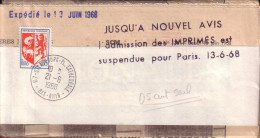 GREVES 1968 - DERNIERES NOUVELLES D' ALSACE , GRIFFE " ADMISSION DES IMPRIMES SUSPENDUE POUR PARIS  13 06 1968 " - Autres & Non Classés