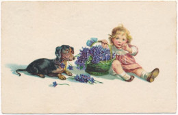 T2 1934 Children Art Postcard, Girl With Flowers And Dachshund Dog - Sin Clasificación