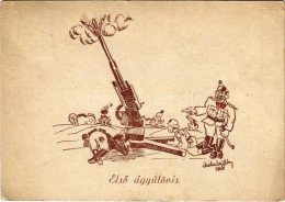 T2/T3 1943 Első ágyúlövés. Katonai Humor Képeslap / Hungarian Military Humour Art Postcard S: Molnár Gábor (EB) - Non Classificati