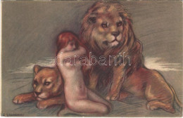 ** T2/T3 Nude Lady With Lions. Italian Slightly Erotic Art Postcard. Uff. Rev. Stampa 18-4. S: Zandrino (EK) - Non Classés