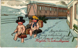 T2/T3 1922 Herzliche Weihnachtsgrüsse / Christmas Greeting Art Postcard, Railway Station With Train (EK) - Non Classés