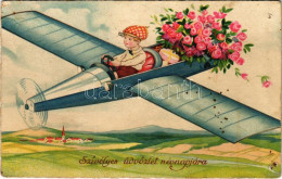 T4 Szívélyes üdvözlet Névnapjára / Name Day Greeting Card With Pilot, Airplane And Flowers (lyukak / Pinholes) - Non Classés