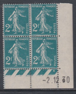 France N° 239 XX Type Sem. Fond Plein 2 F. Vert-bleu En Bloc De 4 Coin Daté Du 2 . 12 . 30 , 1 Point Blanc Sans Ch., TB - ....-1929