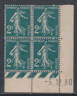 France N° 239 X Type Sem. Fond Plein 2 F. Vert-bleu En Bloc De 4 Coin Daté Du 5 . 12 . 30 , 1 Pt Blanc Gomme Altérée, TB - ....-1929