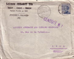 GRECE ITALIE EGEE RHÔNE - LETTRE DE SALOMON ALKHADEFF RHODES RODI POUR LYON , GRIFFE CENSORE CENSURE ITALIENNE 1916 - Egée