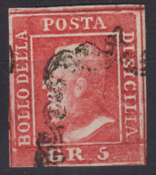 SICILIA 1859 5 GRANA I TAVOLA ROSA CARMINIO N.9 USATO CERT. - Sizilien