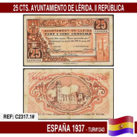 C2317.1# España 1937. 25 Cts. Ayuntamiento De Lérida (XF+) TUR@1343 - 1-2 Peseten