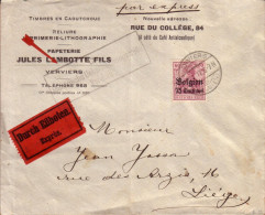 BELGIQUE - LETTRE PAPETERIE JULES LAMBOTTE FILS DE VERVIERS POUR LIEGE , DEUTSCHES REICH BELGIEN  75 CENTIMES - 1917 - OC1/25 General Government