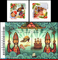 Ref. BR-3288-90 BRAZIL 2014 - RELIGION, ST. NICHOLAS,GIFTS,CHRISTMAS SUPPER,S/S+SET MNH, CHRISTMAS 4V Sc# 3288-3290 - Nuovi