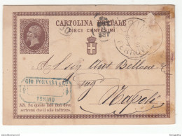 Italy Postal Stationery Postcard Cartolina Postale Travelled 1877 Torino To Napoli B180710 - Stamped Stationery