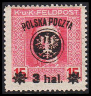 1918. POLSKA. POLSKA POCZTA / K UND K FELDPOST 3 Hal / 15 H. Never Hinged. (Michel 21) - JF536488 - Unused Stamps