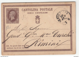 Italy Postal Stationery Postcard Cartolina Postale Dieci Centesimi Travelled 1876 Senigallia To Rimini B180715 - Ganzsachen