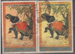 INDIA USED STAMP IN TWO DIFFERENT SHADES ON MINIATURE PAINTING/ CHAINED ELEPHANT(Jahangir's Period) - Collections, Lots & Séries