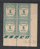 FRANCE - 1932 - Taxe TT N°YT. 60 - Recouvrements 1f Bleu-vert - Bloc De 4 Coin Daté - Neuf**/* - Portomarken