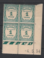 FRANCE - 1934 - Taxe TT N°YT. 60 - Recouvrements 1f Bleu-vert - Bloc De 4 Coin Daté - Neuf**/* - Taxe