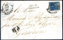 Cover 1854, Lettera Da Livorno Il 13.9 Per Genova Affrancata Con 6 Cr. Ardesia Su Grigio Annullato Con Bollo Cerchio A B - Toscane