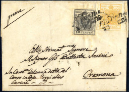 Cover 1850, Lettera Da Piadena Il 23.6 Per Cremona, Affrancata Con 5 C.giallo E 10 C. Nero Carta A Mano, Sass. 1, 2 / 17 - Lombardo-Vénétie