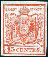 * 1850, Stemma, 15 Cent. Rosso Carminio I Tipo Prima Tiratura Carta A Mano, Nuovo Con Gomma Originale Irregolare, Cert.  - Lombardo-Vénétie