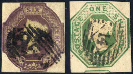 O/piece 1847, 6 P Deep Purple Cut Octagonal On Small Fragment And 1 Sh. Green With Three Good To Very Large Margins But  - Other & Unclassified