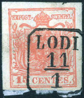 O Lodi, (R D Punti R3) Su 15 Cent. Rosso Salmone III Tipo Carta A Mano, Cert. Colla, Sass. 6d / 13500,- - Lombardo-Vénétie