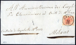 Cover Melzo, C1 Punti 7, Lettera Del 11.12.1853 Per Milano Affrancata Con 15 Cent. Rosso III Tipo Carta A Mano, Firmata  - Lombardo-Vénétie