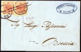 Cover Milano, (C1+a Penna Punti 8) Lettera Del 6.7.1854 Per Brescia Affrancata Con Due 15 Cent. Rosso III Tipo Carta A M - Lombardo-Vénétie