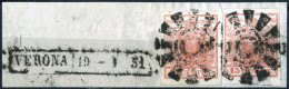 Piece Verona, (M R51 Punti 13), Frammento Del 19.1.1851 Affrancato Con Due 15 Cent. Rosso Vermiglio Chiaro I Tipo Carta  - Lombardo-Vénétie