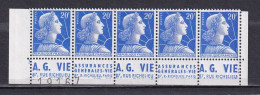 Publicité - YT 1011Bb Marianne Muller 20F Bleu Type I- Bande De 5 Inférieure Avec Texte Complet (Maury : BP 290a) Neuf** - Unused Stamps