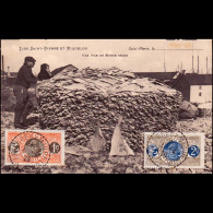 St.Pierre & Miquelon 1928: Ansichtskarte / Tauschvereinigungen Für Ansichtskarten | Fischerdorf, Fischerei, Trockenfisch - Lettres & Documents