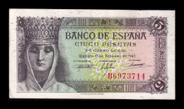 España Spain 5 Pesetas Isabel I De Castilla 1943 Pick 127 Serie B Sc- AUnc - 5 Pesetas