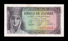 España Spain 5 Pesetas Isabel I De Castilla 1943 Pick 127 Serie F Sc- AUnc - 5 Pesetas