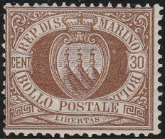Lotto 363 San Marino  1877 - 30 C. Bruno N. 6. Cat. € 1800,00. Cert. Oliva. MNH - Ongebruikt