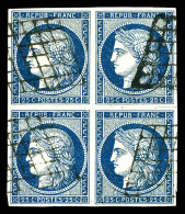 O N°4, 25c Bleu En Bloc De Quatre Obl Grille (pd), Très Belle Présentation. R. (certificat)  Qualité: Oblitéré  Cote: 62 - 1849-1850 Ceres