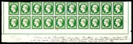 (*) Essais N°18, Empire Non Lauré. 1f Vert, Recto-verso En Bloc De 20 Exemplaires Bas De Feuille Avec Double Filet D'enc - 1853-1860 Napoléon III